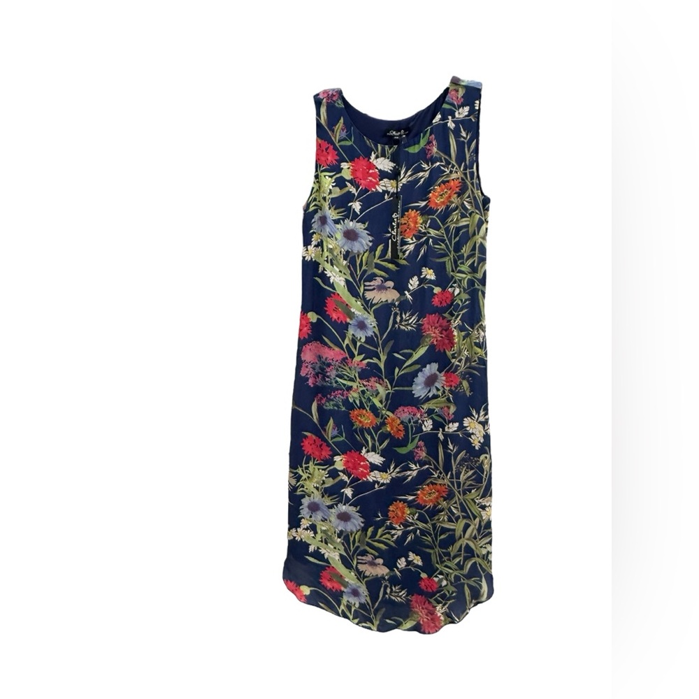 NWT. Charlie B, navy with floral print dress, size small.